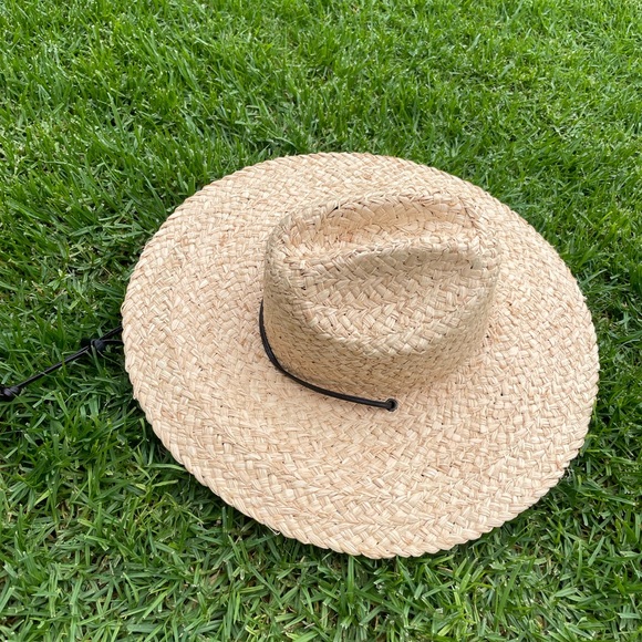 wyeth milos tan raffia straw wide brim strap detail summer sun hat one size NEW - Picture 1 of 5